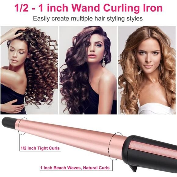 Hair Curling Wand, 0.5-1Inch Tapered Curling Iron, Professional Ceramic Hair - Picture 3 of 8